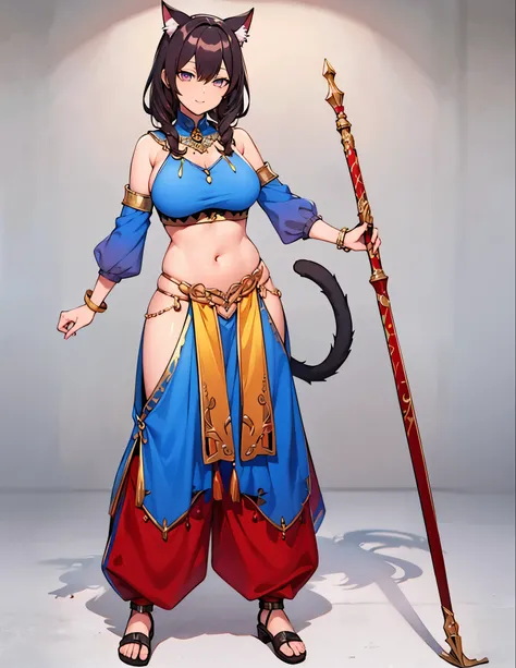 (best quality, 4k, 8k, highres, masterpiece:1.2), ultra-detailed, (((cat girl))), (((full body))), ((standing pose)), ((((sexy harem dance pants)))), ((detailed clothes)), ((((carrying a big beautiful weapon)))), ((detailed weapon)), ((fully detailed)), il...