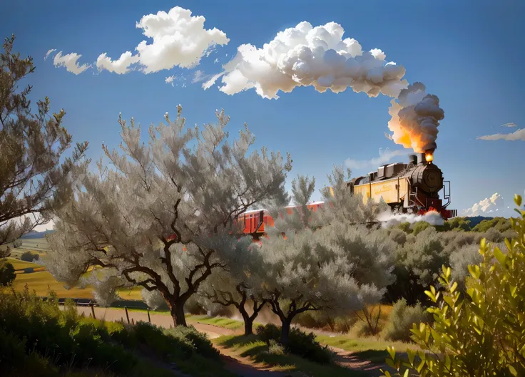 red and white locomotive with white smoke exiting the chimney, in the country, hyperrealistic photo, high detail, 8k, olive trees, countryside