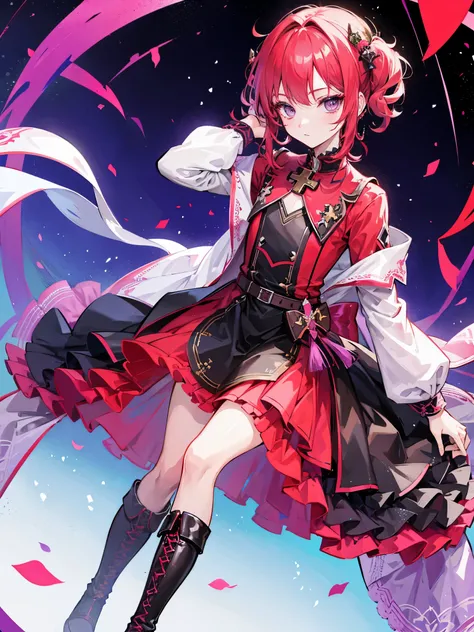 ((a boy)), scarlet hair, violet eyes, ((idol costume)), ((Cross-dressing)), long boots, ((Beautiful boy)), ((individual)), ((dress))