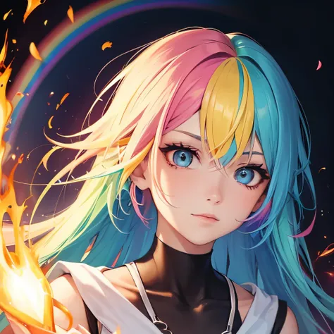 female human with rainbow hairs and rainbow eyes with a rainbow flame in background