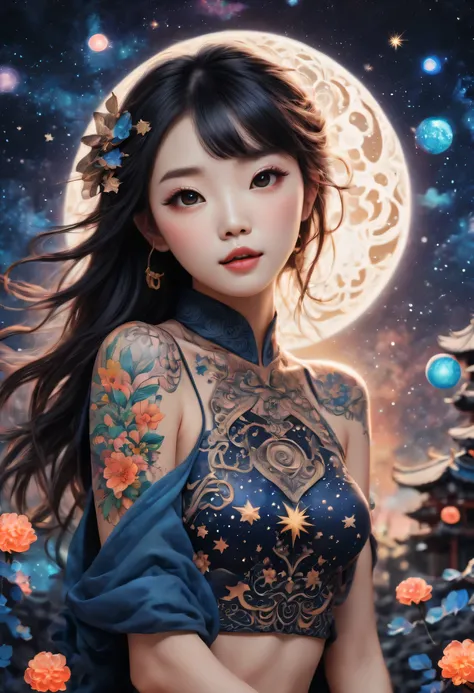 (best quality, highres, ultra sharp), magical ,cute Chinese girl, tattoo, in a magical starry sky, zentangle, full colored, 3d crunch,