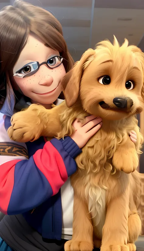  happy cute girl , wearing pink glasses , with freckles and brown hair puppy , holding her cheeks