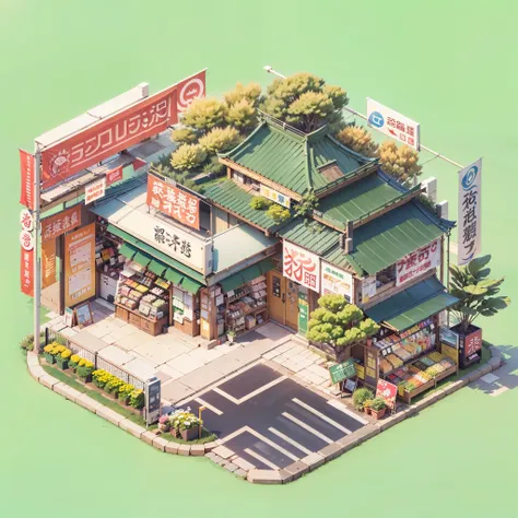 isometric house, (top-down 45-degree perspective), cartoon, modern japanese store, plant pots, outdoor vending machines, japanese banners, japanese signs, japan, blank background, clear structure, correct light and shadow, 3D rendering. --v 6