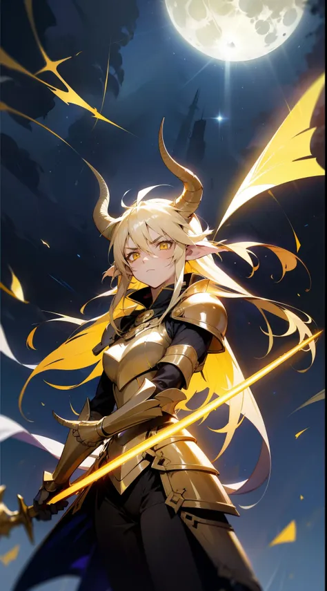 1girl,18s,horns,long hair,cathyl hair,light blonde hair,gold armor,flying,holding a golden sword,yellow eyes,serious,ray light g...