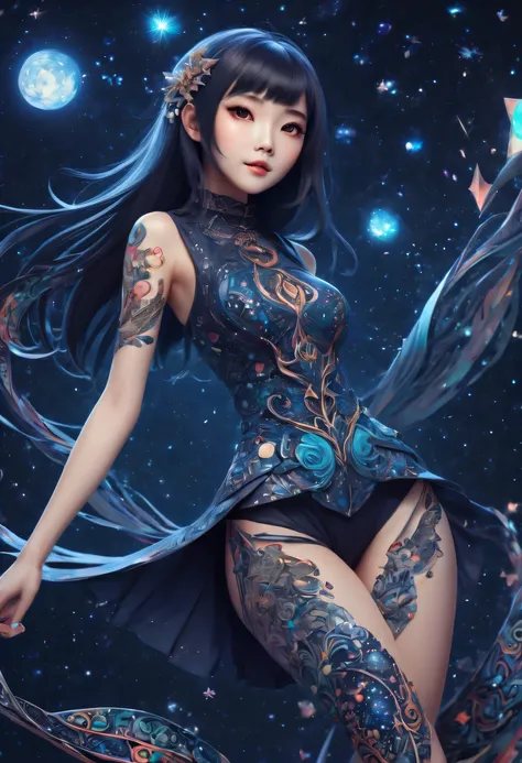 (best quality, highres, ultra sharp), magical ,cute Chinese girl, tattoo, in a magical starry sky, zentangle, origami hair, full colored, 3d crunch, long legs, full body, SFW please.