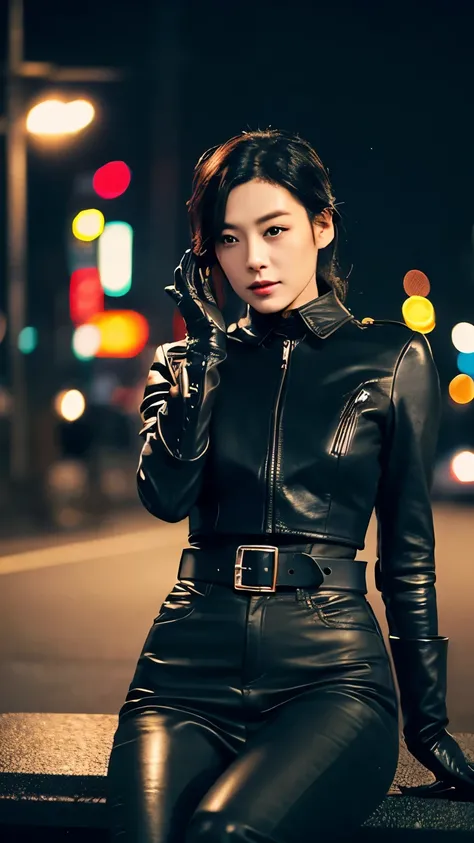 Black leather riders jacket, Office in the Dark, Black leather glove fingertips on both hands,Wearing black leather gloves,Sitting in a black leather chair、 Japan Female New Employees (Black leather gloves cover both hands) (The angle is sideways)、Black Le...