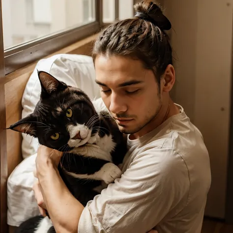 Man bun hold cat