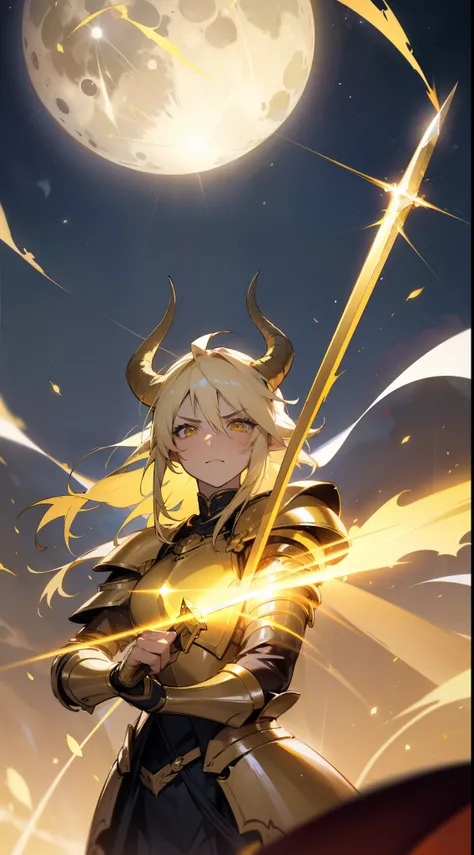 (masterpiece,8k),1girl,20s,mature female,horns,long hair,cathyl hair,light blonde hair,gold armor,flying,holding a golden sword,yellow eyes,serious,Ray Light Glow Lens Flare,((night,night sky,full moon)),portrait,attacking