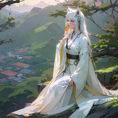 white hair，girl with fox ears，fox tail，Wearing clothes in ancient Chinese style，Standing on the top of the mountain，Long range shooting，a sense of mystery，charm，sexy，White clothes，long white hair，landscape background，high quality，golden eyes，beautiful eyes...