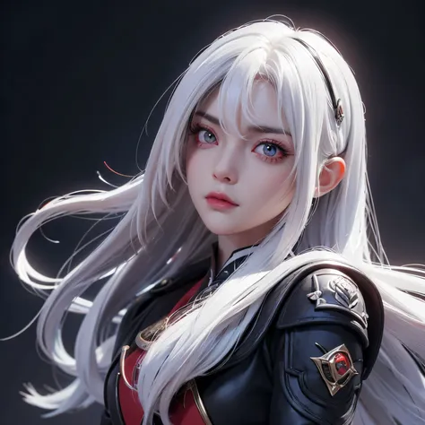 (3D) (a high resolution) (Detective Girl) (Beautiful face) ( White medium hair) (Red eyes) (3D NFT style) (London background in gray and dark colors) definitely European looking