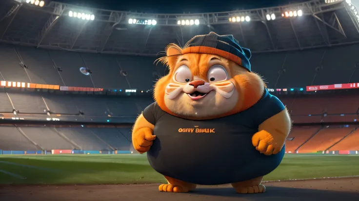 super bull, at the stadium, crying thick cat, orange, thick, Garfield, No_People, depth of field, Disney style, Dark_Glam, wear DRC_Glam, deep shadow, (Dark: 1.4), (8K, raw photo, Best quality, masterpiece: 1.2), Large expression on his face, sad mouth