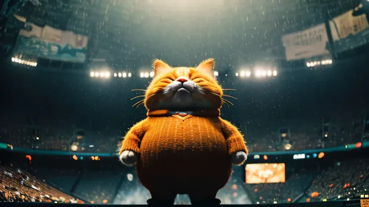 at the stadium, crying thick cat, orange, thick, People point fingers, depth of field, Disney style, Dark_Glam, wear DRC_Glam, deep shadow, (Dark: 1.4), (8K, raw photo, Best quality, masterpiece: 1.2), sad with big eyes , rain, sadness, suffering, When the...