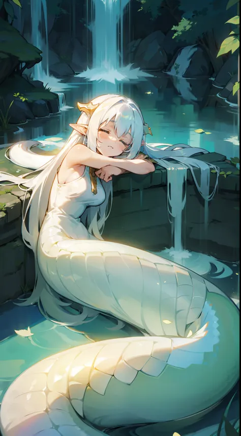 1girl,10s,long hair,white hair,innocent expression,clossed eyes,sleeping,lying on a lake,(sunlight,waterfall),(lamia tails),ray ...