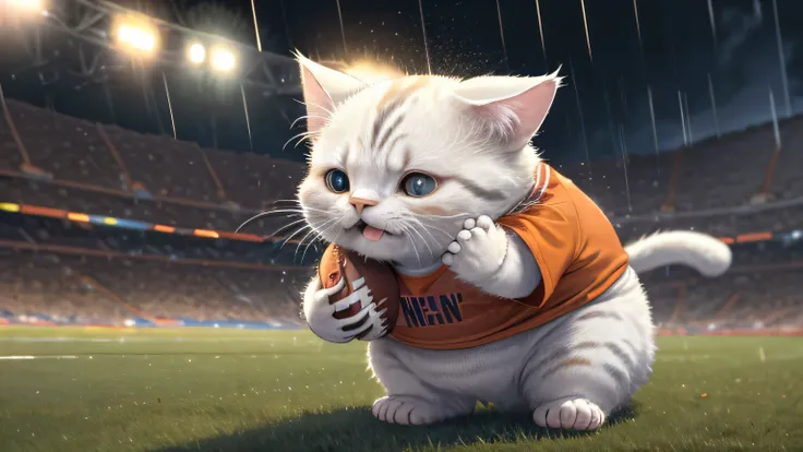 at the stadium, crying thick cat, orange, thick, People point fingers, depth of field, Disney style, Dark_Glam, wear DRC_Glam, deep shadow, (Dark: 1.4), (8K, raw photo, Best quality, masterpiece: 1.2), sad with big eyes , rain, sadness, suffering, When the...