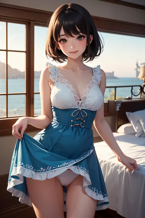 very cute and beautiful girl standing near window,(floral blue summer dress with detailed frills),sleeveless,detailed lace,skirt lift,white panties, (highly detailed beautiful face),antique hotel bedroom with outside view,distant trees and ocean, cowboy sh...