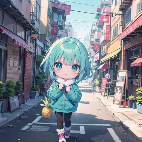 Expressionless chibi ,  Advanced digital chibi art,pineapple, light blue chignon hair,short hair, Anime girl walking in a city park holding a pineapple, cute winter clothes,anime moe art style, anime style 4k, teal hair anime girl, cute art style,Trending ...