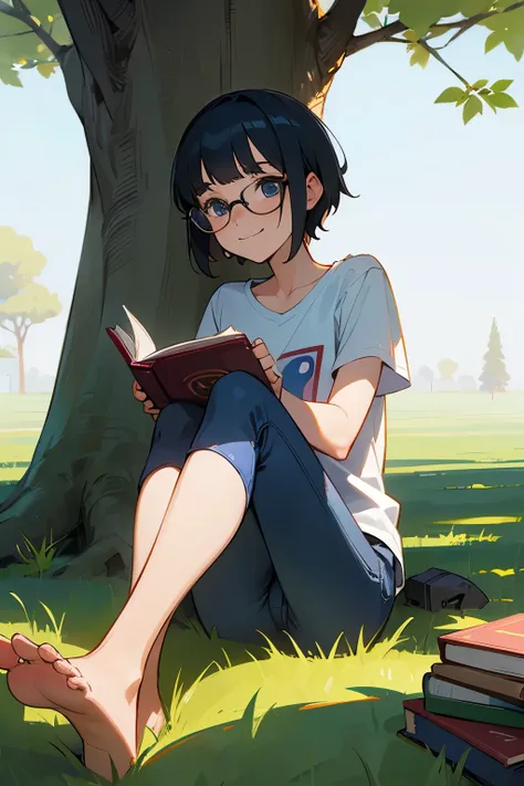 Phoebe Spengler from Ghostbusters: Afterlife, in the Pixar style, sitting in the shadow of an old tree on a meadow, wearing blue jeans and a white T-shirt with the Ghostbusters logo, short hairstyle, reading a book titled Tobins Spirit Guide. Shes looking ...