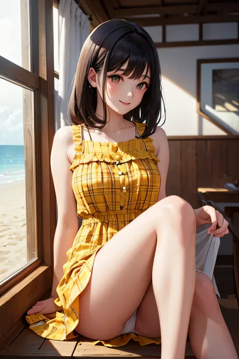 very cute and beautiful girl sitting near the window,(Yellow plaid summer dress with fine ruffles),No sleeve,Fine lace,spread your legs,white panties, (very detailed美しい顔),beach,wooden floating cottage, (smile),blush,medium hair,black hair, (highest quality...