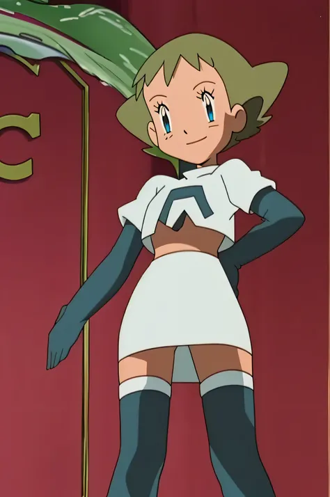 8k, anime screencap,1girl in, (solo:1.1), (perfect body:1.1), (best quality:1.1), very large breast, team rocket uniform, red letter r, white skirt,white crop top,black thigh-high boots, black elbow gloves, evil smile, looking down at viewer, hands on hips...