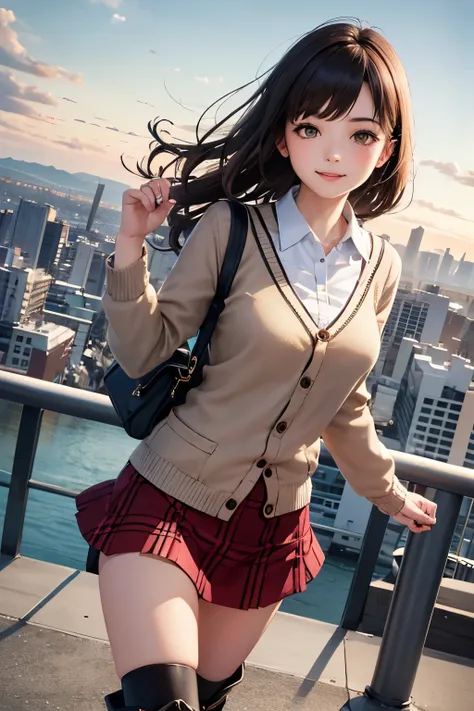 very cute and beautiful girl,teen,(highly detailed beautiful face),(gray blouse),(smile),
cowboy shot,(red cardigan:1.2),long sleeve BREAK zettai ryouiki,(brown shoulder bag),(plaid brown mini skirt:1.3),
dynamic pose,wavy hair,black hair,(black boots:1.2)...