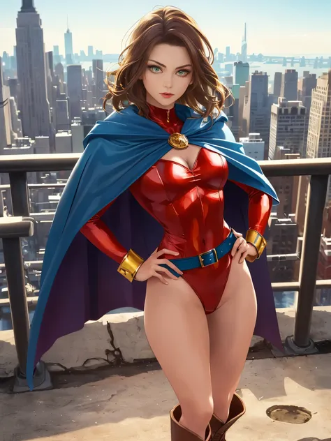 ((best quality)), ((masterpiece)), ((ultra realistic)), (dynamic heroic pose), american, beautiful detailed face, detailed eyes, sexy reporter, ((dressed in a red leotard with blue accents)), new york city backdrop, highly detailed, professional, bare legs...