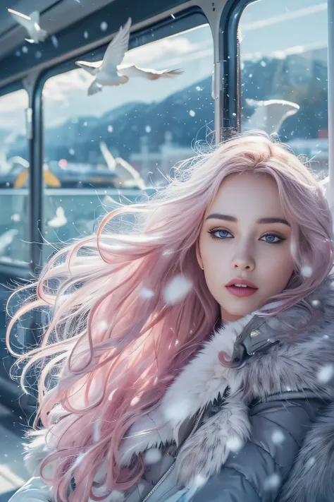 1 female、(european:1.5)、(late 20s)、(super beautiful)、(beautiful face:1.5)、(detailed face:1.5)、(blue eyes)、blonde、shallow depth of field、It had been snowing since I got off the night train..、I can only hear the sound of the sea、I also took the ferry alone.....