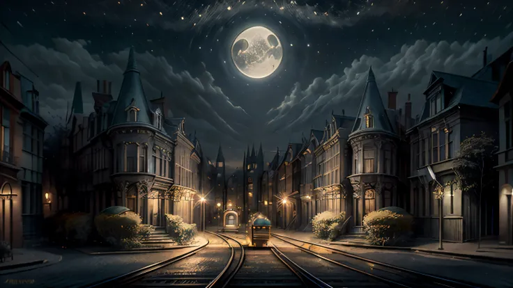Charming summer night in the city, where only half-naked women live and luminous trams without drivers glide along the rails.. Город с Housesми в стиле исторических зданий Брюсселя., Houses, famous from the paintings of Rene Magritte