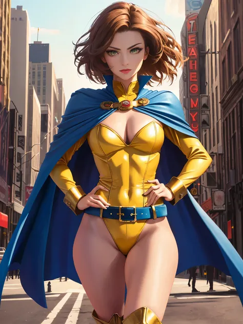 ((best quality)), ((masterpiece)), ((ultra realistic)), (dynamic heroic pose), american, beautiful detailed face, detailed eyes, sexy reporter, ((dressed in a red leotard with blue accents)), new york city backdrop, highly detailed, professional, bare legs...