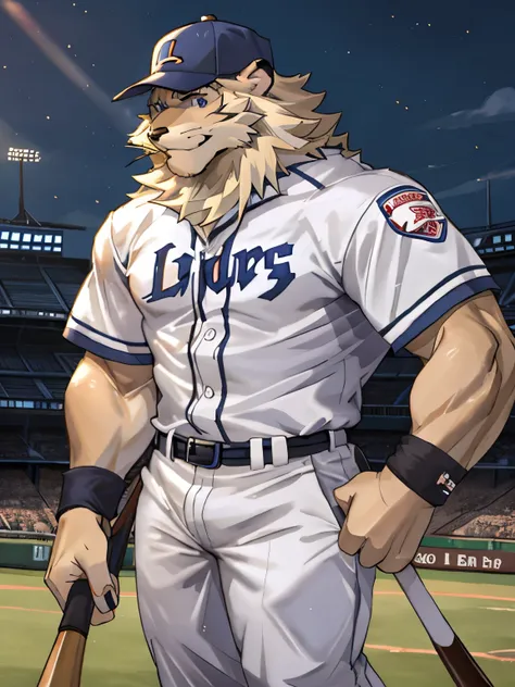 leo seibu lions, good looking, male, anthro, ultradetailed, muscular, solo, bareness, rippling muscles, muscles, stadium backgro...