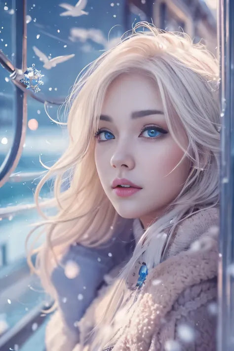 1 female、(european:1.5)、(late 20s)、(super beautiful)、(beautiful face:1.5)、(detailed face:1.5)、(blue eyes)、blonde、shallow depth of field、It had been snowing since I got off the night train..、I can only hear the sound of the sea、I also took the ferry alone.....