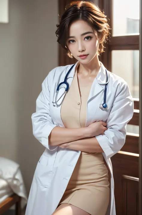 (sfw:1.3)、Photorealistic beautiful doctor、1 female、masterpiece、doctors white coat, collared shirt、(highest quality、8K、32K、masterpiece、sfw:1.3)、(Photoreal:1.3)、Raw photo, detailed face,,beautiful hair,skin that looks real、 ((Doctor Style)), Pixie Cut、small ...