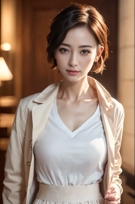 (sfw:1.3)、Photorealistic beautiful doctor、1 female、masterpiece、doctors white coat, collared shirt、(highest quality、8K、32K、masterpiece、sfw:1.3)、(Photoreal:1.3)、Raw photo, detailed face,,beautiful hair,skin that looks real、 ((Doctor Style)), Pixie Cut、small ...