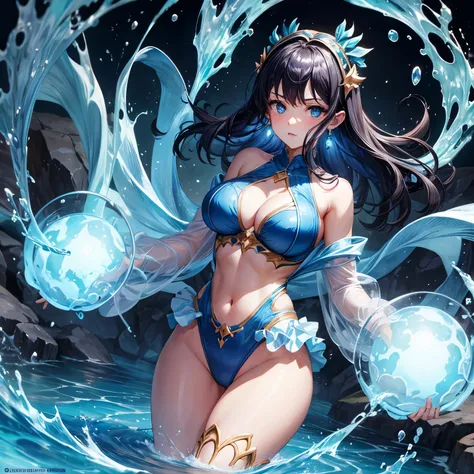 Water elemental, large breasts, leotard, exposed midriff, earrings, dark blue hair and eyes,