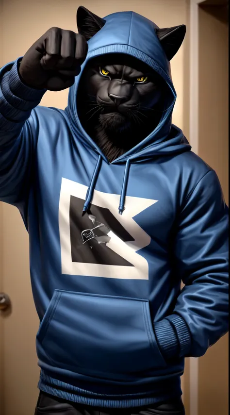 gigachad black panther in a hoodie, angry pointing at camera
