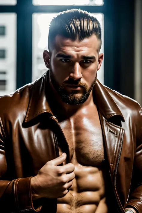 RAW photo in sequence, uma imagem de Travis Kelce, ((flexionando musculatura, wearing a large American flag leather coat that highlights his massive, thickened biceps))
Specific age: Not applicable
((Autocamera acima do corpo, expressions feliz))
Detalhes ...