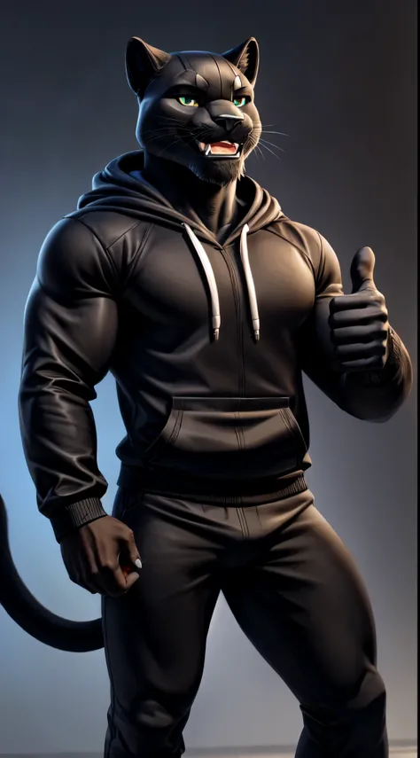 gigachad black panther in a hoodie, smiling, thumbs up