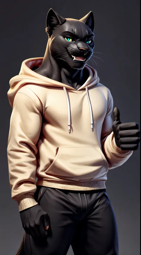 gigachad black panther in a hoodie, smiling, thumbs up