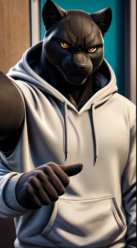 gigachad black panther in a hoodie, angry, finger pointing at camera