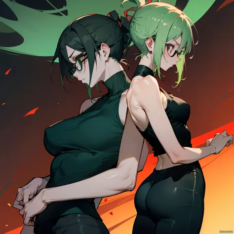 Jujutsu kaisen, maki zenin, strong, athletic woman, green hair, glasses, tight black tank top, black pants, back, big ass