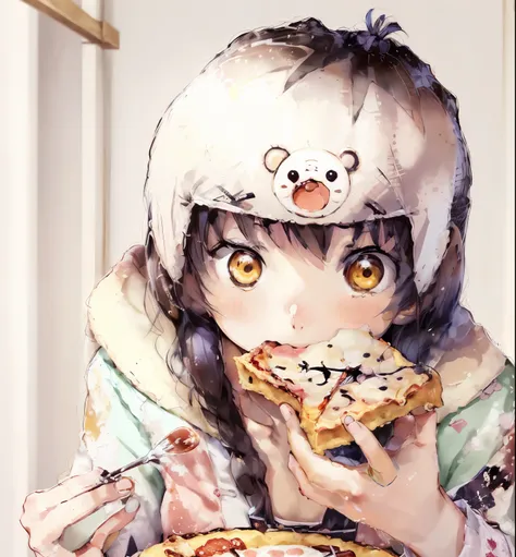 anime girl eating a slice of pizza with a teddy bear on her head, comida de anime, outro iwakura, garota emo comendo panquecas, inspirado em Eiichiro Oda, estilo de eiichiro oda, inspirado em Yumihiko Amano, Shintaro Kago, Tekkon Kinkreet, estilo de cor ay...