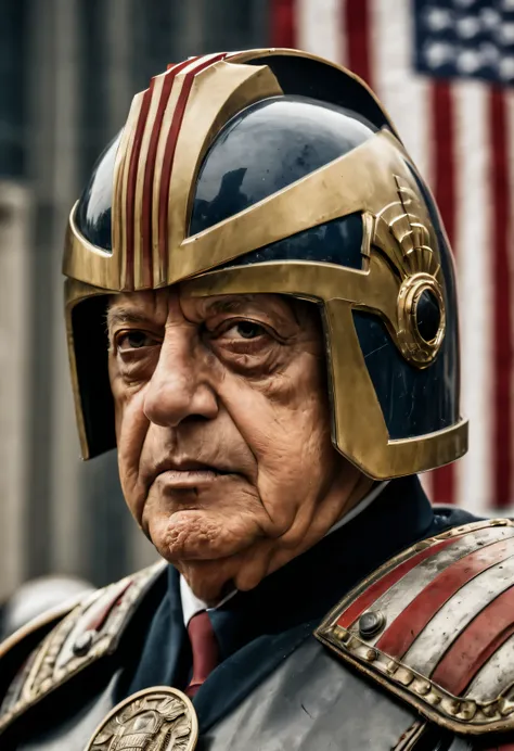 professional portrait photo quarter-angle of judge napolitano, as judge-dredd, patriotic, american flag, helmet, (muscular), outside stern, fierce, photorealistic analog photo film grain high quality high saturation