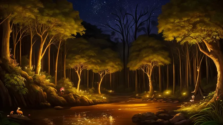 Fondo con profundidad  realista ,bosque con arboles y animales de bosque  realista, night atmosphere and fireflies, rio con ahua realista y cristalina 