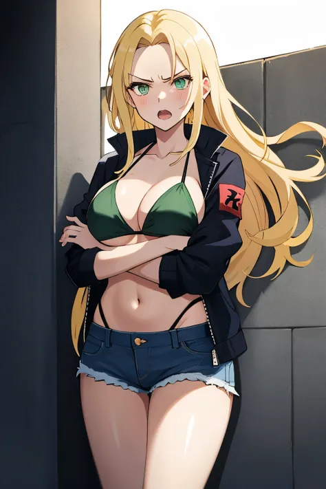 Girl, Long hair, blonde hair, forehead, dark green eyes, big breasts, angry with open mouth, Standing,crossed arms, Bikini top only, denim shorts, jacket, house, pov from front, leaning on wall, shining eyes