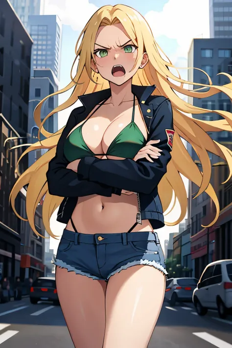 Girl, Long hair, blonde hair, forehead, dark green eyes, big breasts, angry, screaming, Standing,crossed arms, Bikini top only, denim shorts, jacket, city, pov from front, shining eyes
