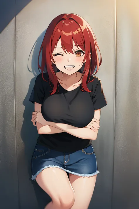 one girl, red hair, brown eyes, medium hair, open eye closed, black t-shirt, denim skirt, big breasts,happy smile,clenched teeth, open mouth, crossed arms, city, leaning on the wall, shining eyes