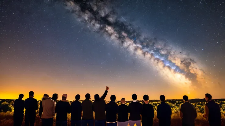 (a group of men watching meteorites falling from the sky),illustration,amazing natural phenomenon,mesmerizing scene,clear night sky,beautiful stars,awe-inspiring,high-res,realistic,subtle colors,dramatic lighting,impressive details,people in astonishment,o...