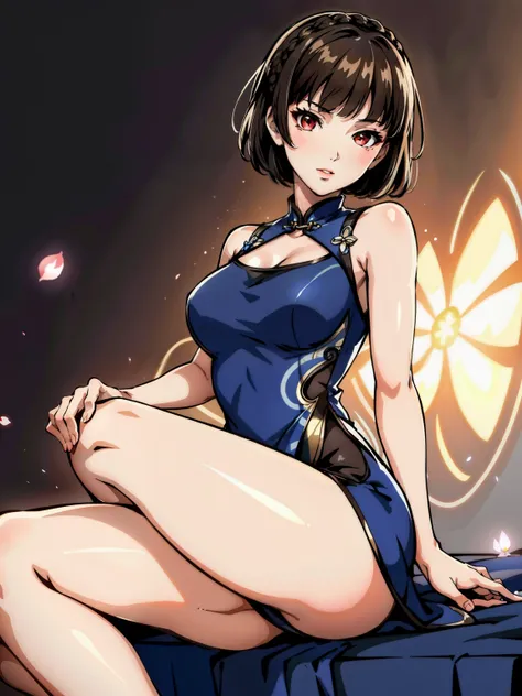 1 girl in a tight cheongsam dress, shiny effect on dress, makoto_nijima in a shiny blue cheongsam dress, makoto_nijima face, tight cheongsam, flowers on dress, thin body, sleeveless dress, red eyes, beautiful eyes, brown hair, medium hair, blunt bangs, cro...