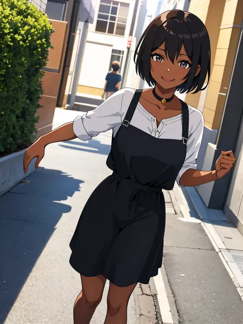 obra maestra, la mejor calidad, anime illustration of a girl with short hair and dark brown skin who has a long fang coming out ...