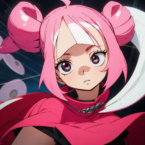 Medium height woman , red capelet, pink hair, twintails, twin drills, ((disc-shaped eyes, black eyes))