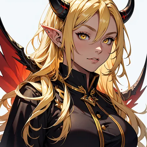 anime, masterpiece, best quality, by professional artist, 1girl, female, solo, upper body portrait, detailed composition, detailed eyes, detailed hair, white background, blonde hair, yellow eyes, black devil horns, wearing black and red magical outfit, elf